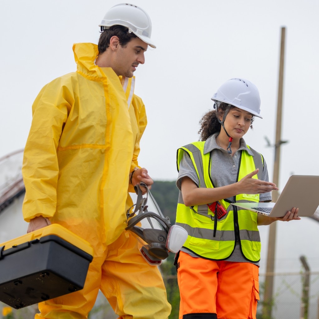 Field technicians with a laptop walking a treatment plant site